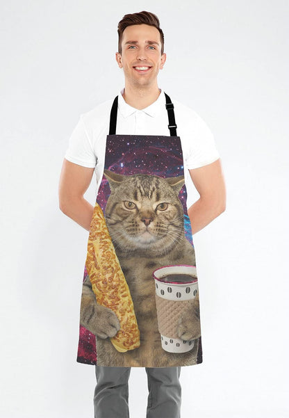 Funny Galaxy Cat Adjustable Bib Apron, The cat is holding a cup of black coffee and a baguette Cooking Kitchen Apron for Men Women