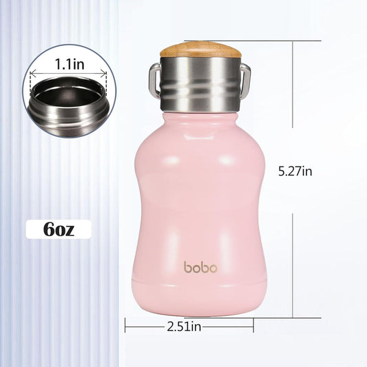 YOHKOH Mini Vacuum Insulated Water Bottle With Bamboo Lid - Stainless Steel Thermos Water Bottle for Women Girls Kids, Metal Sports Hot and Cold Water Bottle Leak-Proof BPA-Free (6.4oz,Pink)