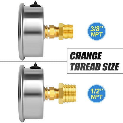 MEANLIN MEASURE 0~160Psi Stainless Steel 1/4" NPT 2.5" FACE DIAL Liquid Filled Pressure Gauge WOG Water Oil Air Back Mount (Pack of 2), with 1/2" NPT and 3/8" NPT Hex Bushing