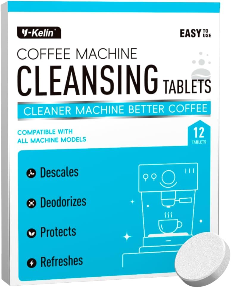 Y-Kelin Coffee Maker Cleaner And Descaler Tablets - 12Count Descaling & Cleaning Solution for Coffee Makers, Pot, Espresso Machines Removes Stains & Oils
