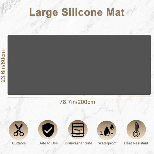 78.7"x23.6" Large Silicone Mat for Kitchen Counter, Heat Resistant Non-Slip Countertop Protector, Waterproof Silicone Craft Mat for Kitchen Island, Black
