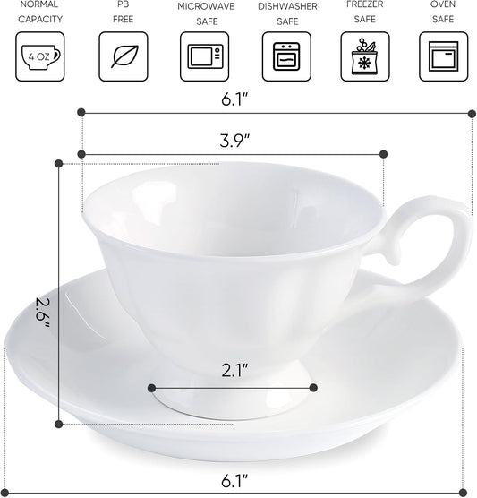 Fine Bone China Coffee Cups with Saucers, Set of 4 Vintage British Royal Style Ceramic Tea Cups, 4 Oz Small Tea Cup and Saucer Set for Afternoon Tea or Gift