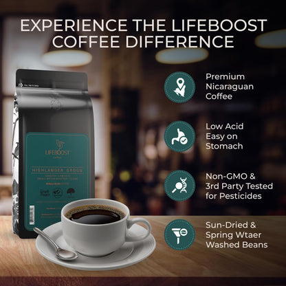 Lifeboost Highlander Grogg Whole Bean Coffee - Non-GMO Low Acid Single Origin Flavored Coffee Beans - Third Party Tested For Mycotoxins & Pesticides - 12 Ounces