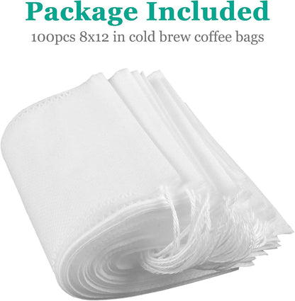 Yzurbu 100pcs 8''x12'' Cold Brew Coffee Bags, No Mess Disposable Filter Bag with Drawstring for Coffee Grounds & Ice Tea