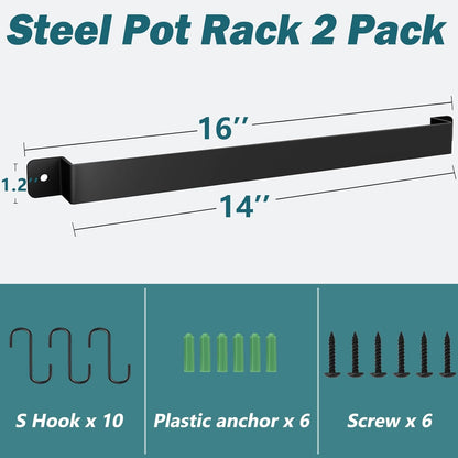 2 Pack Steel-made Kitchen Utensil Rack Organizer Wall-mounted Pot Pans Wall Hanger Holder for Coffee Mug Rack Cup Hanging Kitchen Black with 10 S Hooks