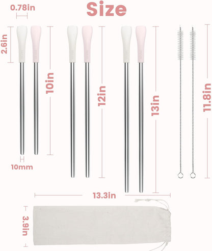 OUTXE Anti Wrinkle Straw 6 Pcs, Flat Wide Drinking Straw for Stanley Cup 40 oz 30 oz, Reusable Wrinkle Free Long Stainless Steel Metal Straw for Lip with Cleaning Brush and Carrying Bag