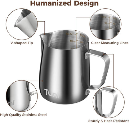 Tuni Milk Frothing Pitcher, 12oz/350ml Stainless Steel Milk Jug Steaming Cup, Milk Coffee Cappuccino Latte Art Steam Creamer Frother Pitcher