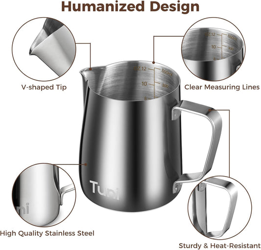 Tuni Milk Frothing Pitcher, 12oz/350ml Stainless Steel Milk Jug Steaming Cup, Milk Coffee Cappuccino Latte Art Steam Creamer Frother Pitcher