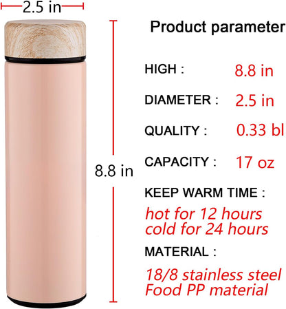 15oz Water Bottle Stainless Steel Thermos Flask - Insulated Vacuum, Leak Proof, Keeps Drinks Hot/Cold - Ideal for Coffee, Tea, Water - Pink