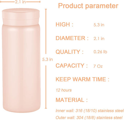 Mini Thermos Cute Water Bottle - 7 oz Tiny Insulated Vacuum 18/10 Stainless Steel Small Flask - Leak Proof & Spill Proof & Keeps Cold and Hot for Drink, Coffee, Tea - Pink