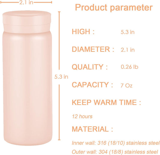 Mini Thermos Cute Water Bottle - 7 oz Tiny Insulated Vacuum 18/10 Stainless Steel Small Flask - Leak Proof & Spill Proof & Keeps Cold and Hot for Drink, Coffee, Tea - Pink