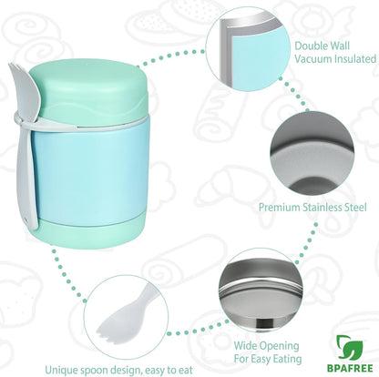 10oz Soup Thermo for Hot Food Kids,Lunch Thermo Kids Food Jar with Spoon Hot Insulated Food Containers,Leak Proof Stainless Steel Wide Mouth Lunch Food Thermo Jar for School(Mint-Green)