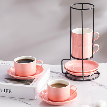 4oz Porcelain Stackable Espresso Cups with Saucers and Metal Stand Set of 4, Stackable Cappuccino Cups, Pink Expresso Shots Cup Set for Coffee Drinks, Latte, Americano, Tea