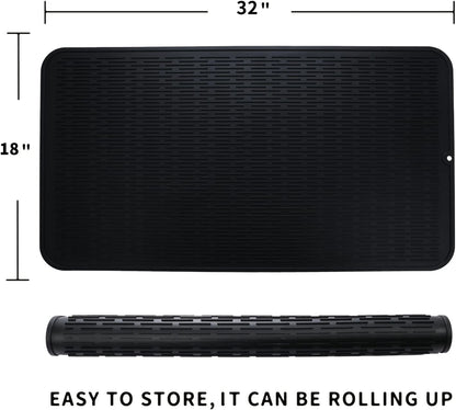 Silicone Dish Drying Mat for Multiple Usage,Easy clean,Eco-friendly,Heat-resistant Silicone Mat for Kitchen Counter or Sink,Refrigerator or Drawer Liner Black 4XL 32 inches x 18 inches