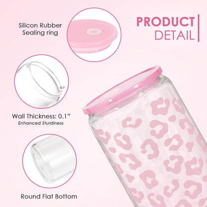 SANDJEST Leopard Glass Bottle, Pink Leopard Print Glass Cup with Lid & Straw, Iced Coffee Aesthetic Glass Can, Gifts for Women, Christmas Birthday Mother's Day