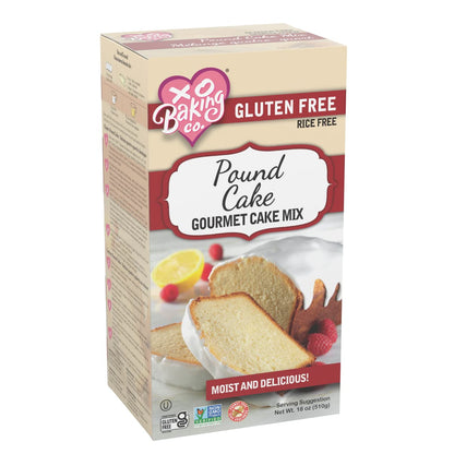 XO Baking Co. Gluten Free Pound Cake Gourmet Cake Mix; Non-GMO; Kosher; Rice Free; Soy Free; Dairy Free; Peanut Free; No Preservatives; No Artificial Flavors or Colors, 18oz