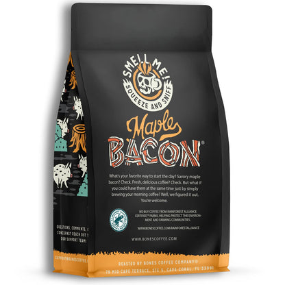 Bones Coffee Company Maple Bacon, Bacon and Maple Syrup Flavored Coffee, Medium Roast Low Acid Arabica Beans Compatible with Auto drip and French Press Coffee Maker, 12 Oz Ground