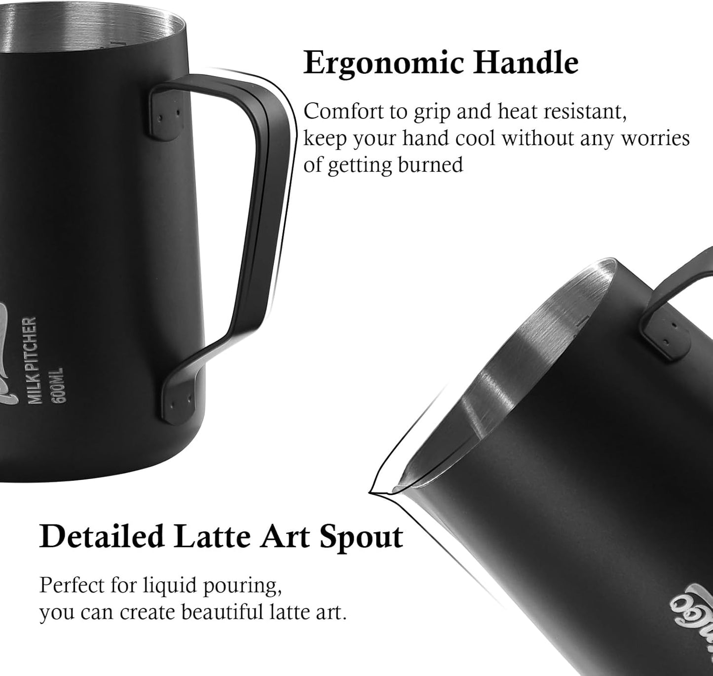 Milk Frothing Pitcher - 350ml/12oz Milk Frother Cup Espresso Steaming Pitcher for Barista, Bincoo SUS304 Stainless Steel Espresso Steaming Pitchers for Latte Art/Cappuccino/Coffee (Black-350ml)