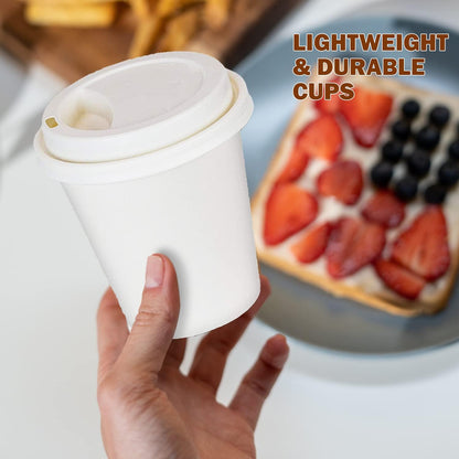 Smygoods White Disposable Paper Coffee Cups with Lids (8 OZ, 50 Count) For Hot Beverages, Tea, Espresso, Cocoa - To Go Drink Containers, Café & Office