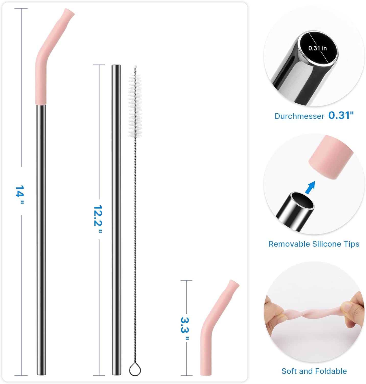 Metal Straw with Silicone Tip for 40oz Stanley Cup, 2 Pcs Stainless Steel Straws Replacement for Stanley 40 oz Adventure Quencher Travel Tumbler Cup, 1 Straw Brush (Light Pink)