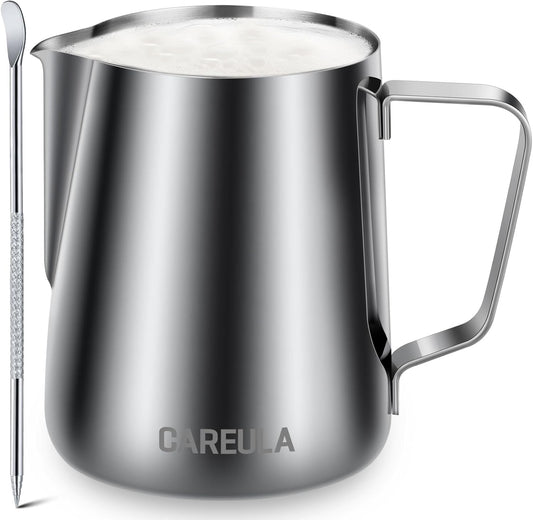 Milk Frothing Pitcher, 12oz Stainless Steel Milk Frother Cup Steaming Pitcher, Coffee Bar Cappuccino Espresso Machine Accessories Barista Tools, Metal Pitcher Milk Jug with Decorating Latte Art Pen