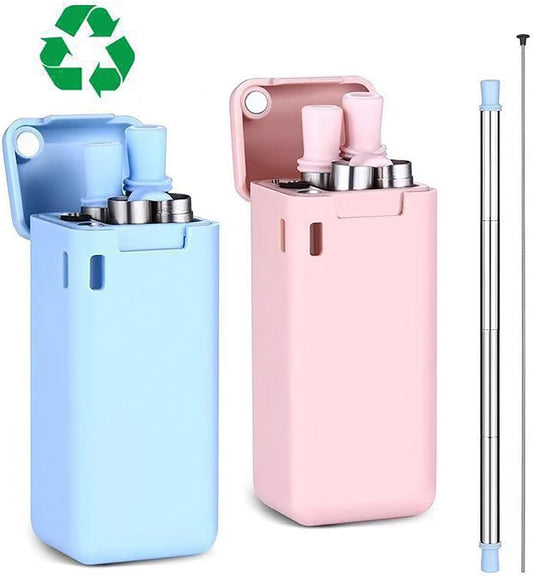 Foldable Straw with Storage Box, Reusable Folding Stainless Steel Straw, Portable Collapsible Set with Silicone Tip and Cleaner Brush for Travel Home Work(white)