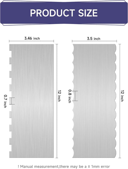12 Inch Stainless Steel Cake Scraper Set of 2, Metal Cake Scraper Double Sided Patterned Edge for Icing Smoother,Tall Cake Scraper, Cake Combs for Buttercream