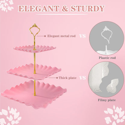 5 Pcs Dessert Table Display Set, Pink Plastic 2 Pcs Square 3 Tier Cupcake Stand Cup Cake Tower Stand with Metal Rod & 3 Pcs Serving Tray for Baby Shower, Tea Party, Wedding, Birthday Party
