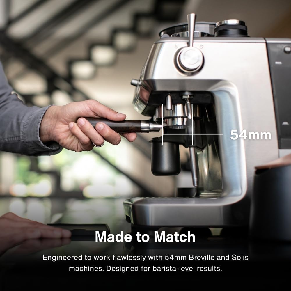 Crema Coffee Products 54mm Bottomless Naked Portafilter | Compatible with 54mm Breville Machines | Includes Double Shot Filter Basket | Olivewood
