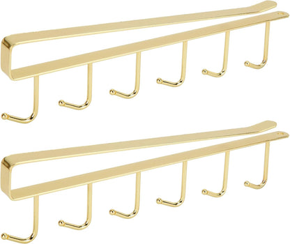 2pcs Mug Organizer for Kitchen Cabinets,Under-Shelf Coffee Cup Mug Rack with 6 Hooks,Fit for 1.1 Inch Thickness Shelf or Less,Suitable for Holder Hanger for Cups/Keys Storage/Scarf.Gold