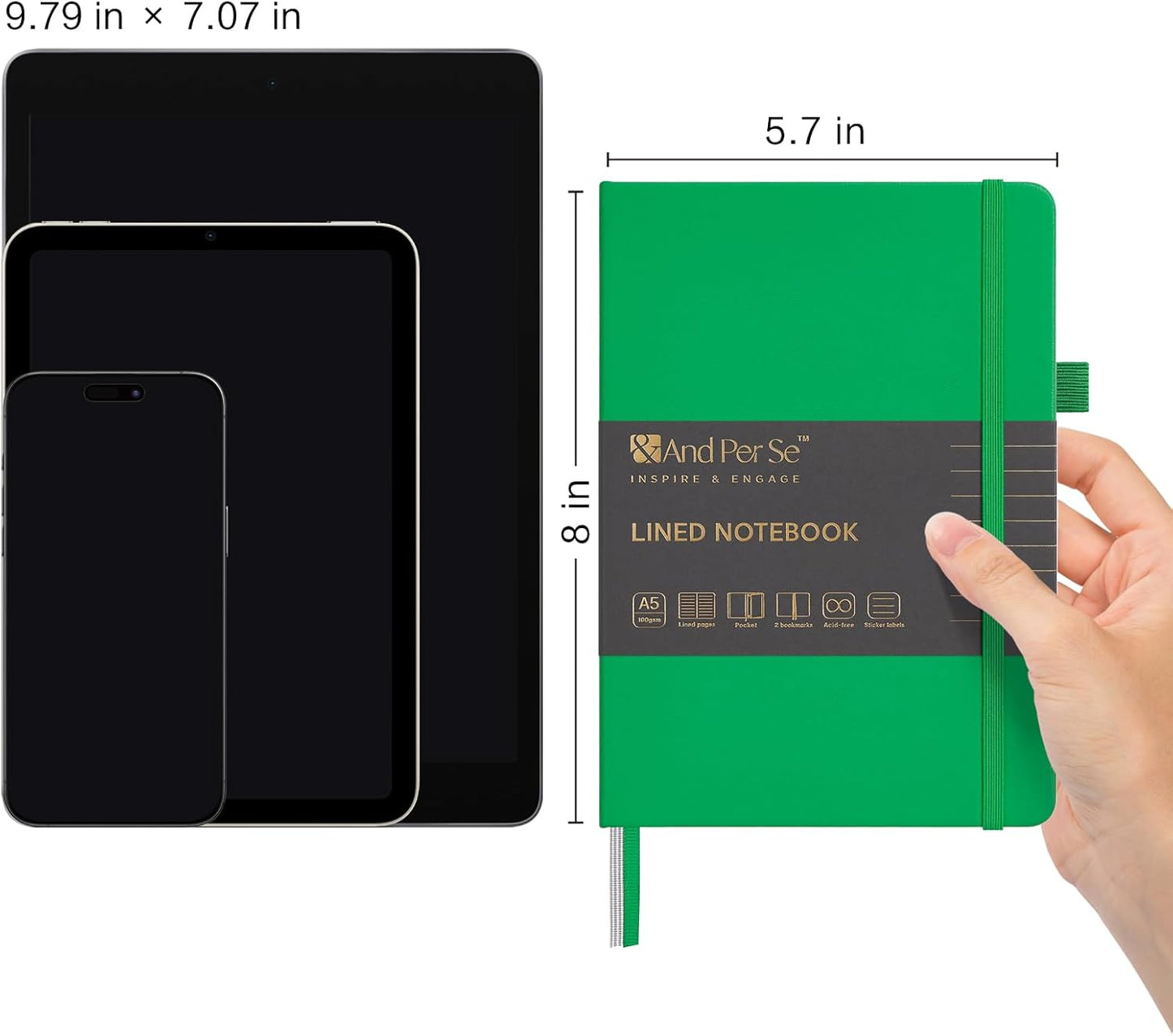 &And Per Se Lined Journal Notebook, 160 Pages, A5 5.7 x 8 inches College Ruled Thick Paper Notebook Journals for Writing, Hardcover Notebooks for Women Men Office School (1 Pack, Emerald)