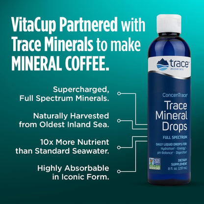 VitaCup Mineral Coffee with Trace Minerals, Hydrate, Replenish & Restore w/All Natural Sea Minerals, Electrolytes, Organic Coffee, Single Origin, Medium Dark Roast, Ground Coffee 10oz