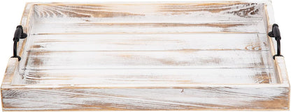 Rustic Vintage Big Wood Food Breakfast Serving Trays with Cutout Metal Handles(20 Inches) Large Nesting Board Decorative Serving Trays Platter in Bed, Ottoman, Coffee Table, BBQ, Party(Washed White