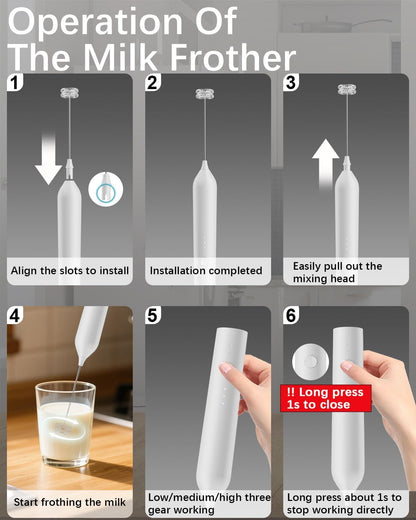 Rechargeable Milk Frother with Stand, Electric Frother Wand Handheld Coffee Foam Maker Detachable Stainless Steel Whisk Drink Mixer Foamer for Latte, Cappuccino, Hot Chocolate, Egg (White)
