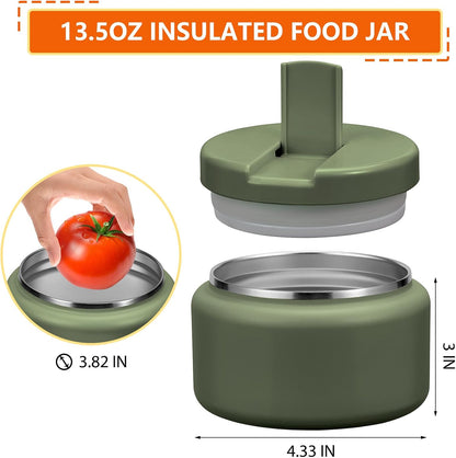 13.5oz Kids Thermos for Hot Food, Insulated Vacuum Food Jar with Buckle Lid, Stainless Steel Wide Mouth Leak Proof Insulated Lunch Container for School Picnic Travel, Green
