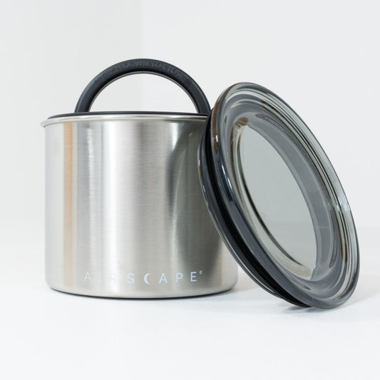 Planetary Design Airscape Stainless Steel Coffee Canister | Food Storage Container | US Patented Airtight Lid | Push Out Excess Air Preserve Food Freshness (Small, Brushed Steel)