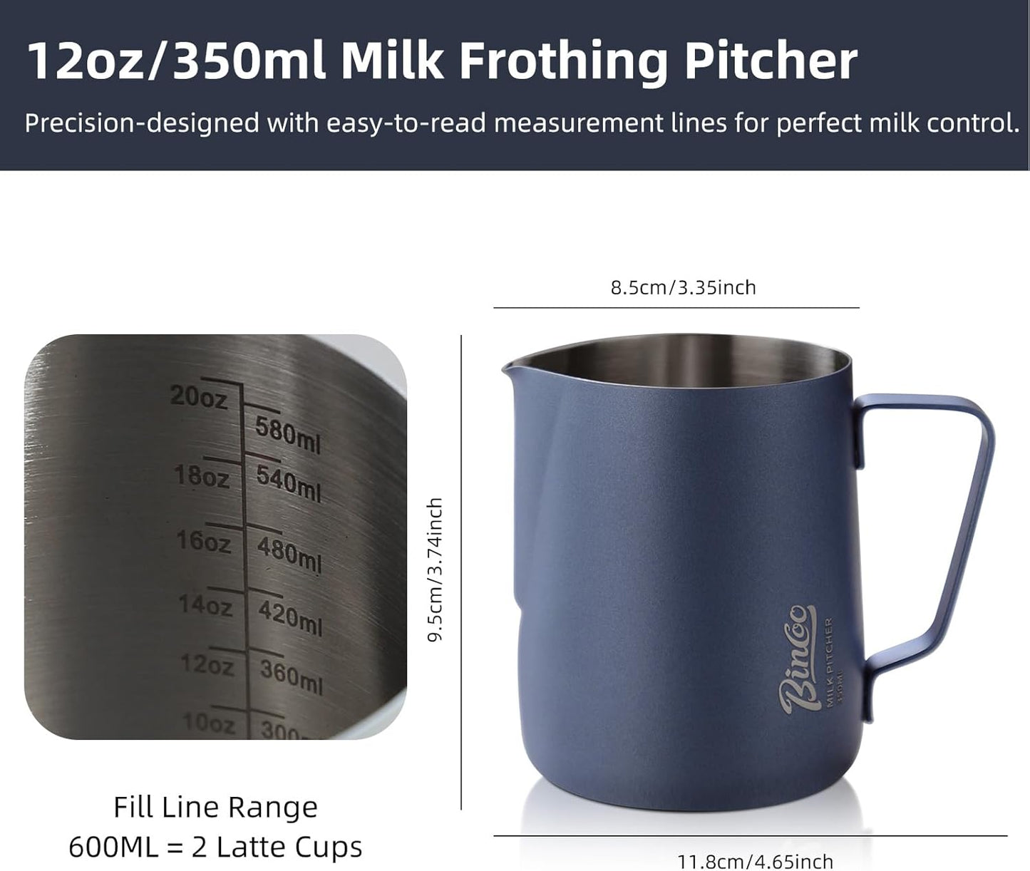 Milk Frothing Pitcher - 350ml/12oz Milk Frother Cup Espresso Steaming Pitcher for Barista, Bincoo SUS304 Stainless Steel Espresso Steaming Pitchers for Latte Art/Cappuccino/Coffee (Dark-Blue-350ml)
