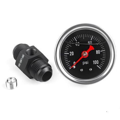 Universal 0-100psi Fuel Pressure Gauge 1/8" NPT Oil Press Gauge with 8AN Male to 8AN Male Fuel Pressure Fitting Adapter