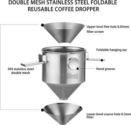 Bincoo Pour Over Coffee Dripper, Portable Stainless Steel Reusable Coffee Filter, Mini Collapsible Paperless Single Serve 1-2 Cup Coffee Dripper Cup Easy To Clean For Travel Camping Offices