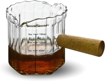 Glass Measuring Cup, 5oz Espresso Shot Glass with Wood Handle, Double Spouts Measuring Triple Pitcher Milk Cup for Coffee Tea (Transparent Ribbed)