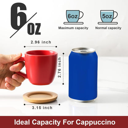 Hasense Cappuccino Cups with saucers, 6 Ounce Ceramic Coffee Mugs Set of 6 Perfect for Espresso, Specialty Coffee Drinks, Latte, Cafe Mocha and Tea, Red