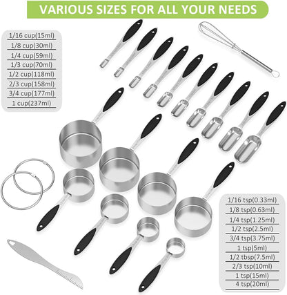 Measuring Cups and Spoons - Wildone Stainless Steel 20 Piece Stackable Set, Includes 8 Black Measuring Cups, 10 Measuring Spoons, 1 Leveler & 1 Whisk, for Dry and Liquid Ingredient