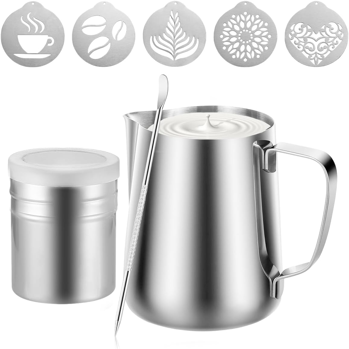 4Pieces Stainless Steel Milk Frothing Pitcher Set, Latte Art Barista Steaming Pitchers Set -Include Milk Frother Cup, Latte Art Pen, Powder Shaker, 5pcs Coffee Decorating Stencils (600ml/20oz)