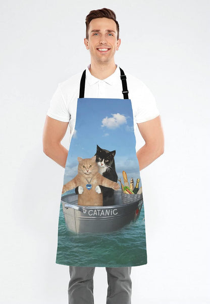 Funny Cats Adjustable Bib Apron, The two brave cats are drifting in the steel Cooking Kitchen Apron for Men Women