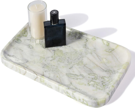Marble Vanity Tray, Large Stone Bathroom Tray for Countertop, 14'' African Gem Genuine Marble Decorative Tray for Dresser, Green Kitchen Trays for Counter,Perfume Storage, Non-Resin/Ceramic
