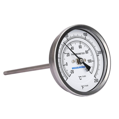 MEASUREMAN Fully Stainless Steel Pot, Kettle, Brewing Bimetal Dial Thermometer, 3" Dial, 6" Stem, 0-250 deg F/-20-120 deg C, -1% Accuracy, Adjustable, 1/2" NPT Back Mount