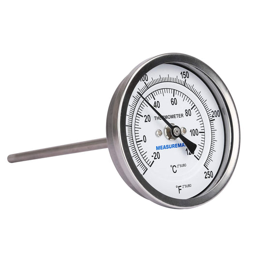 MEASUREMAN Fully Stainless Steel Pot, Kettle, Brewing Bimetal Dial Thermometer, 3" Dial, 6" Stem, 0-250 deg F/-20-120 deg C, -1% Accuracy, Adjustable, 1/2" NPT Back Mount