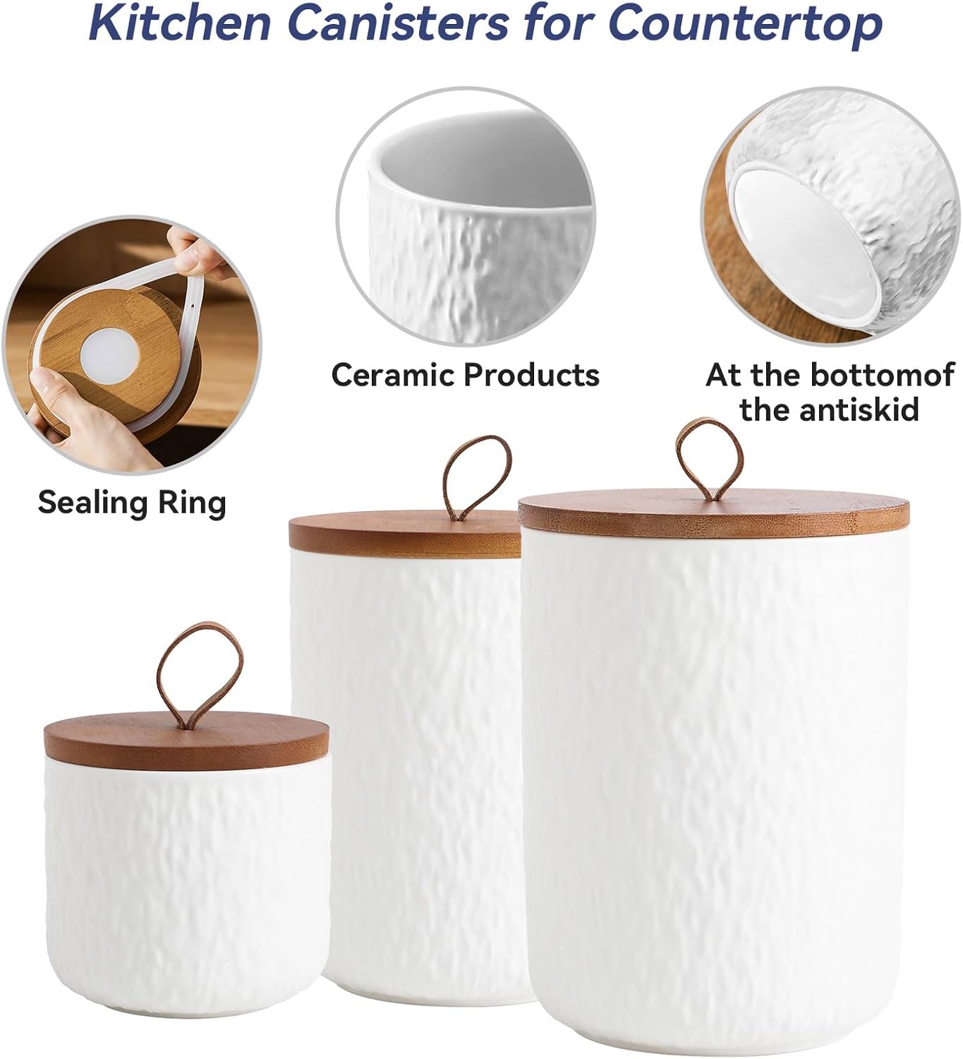 Kitchen Canisters for Countertop, Ceramic Coffee Canisters with Airtight Lids Food Storage Jars Sugar Container for Kitchen Counter Tea, Coffee Beans, Spice (#001White-Set of 3)