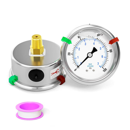 0-100psi Stainless Steel Glycerin Liquid Filled Pressure Gauge 1/4" NPT 2.5" Face Dial Center Back Mount, for Water, Oil and Air Pressure Testing (with Range Mark Pointer)