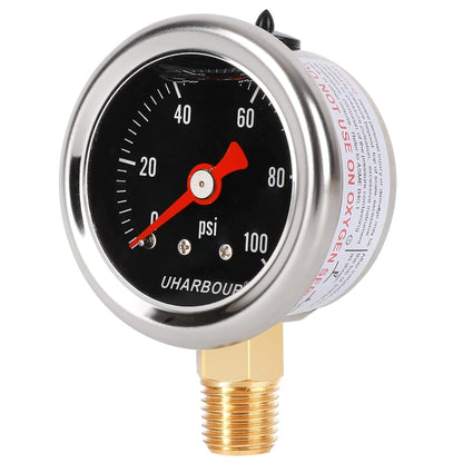Glycerin Filled Pressure Gauge with 304 Stainless Steel Case, 1-1/2" Black Dial, 0-100Psi, High Accuracy, 1/8" NPT Center Bottom Mount……